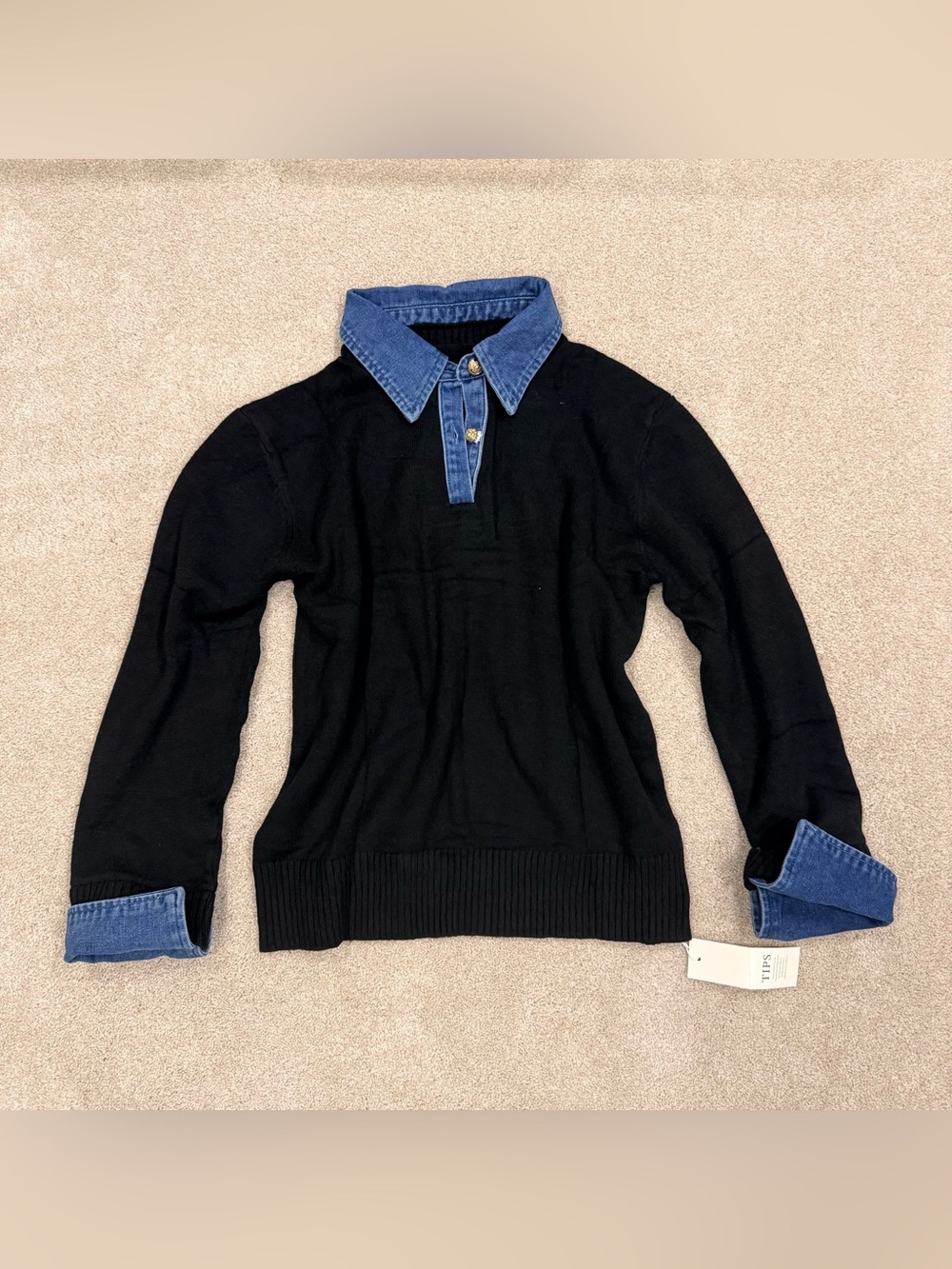 Women’s Black Knit Sweater with Denim Collar Gold Ornate Button Up Large NEW